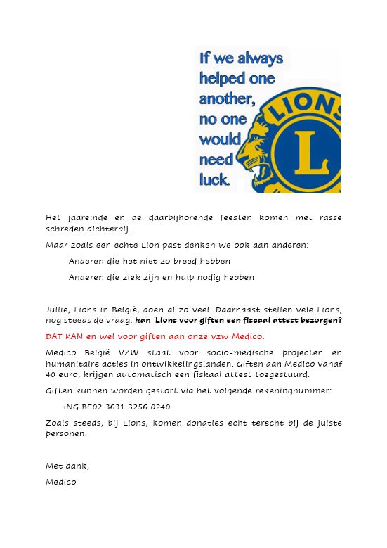 Lions Belgium Message de Medico