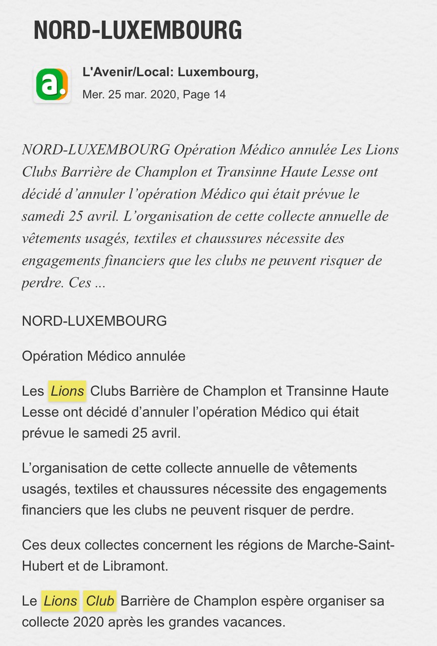 Lions Belgium Lions Club Barrière de Champlon annule collecte de vêtements