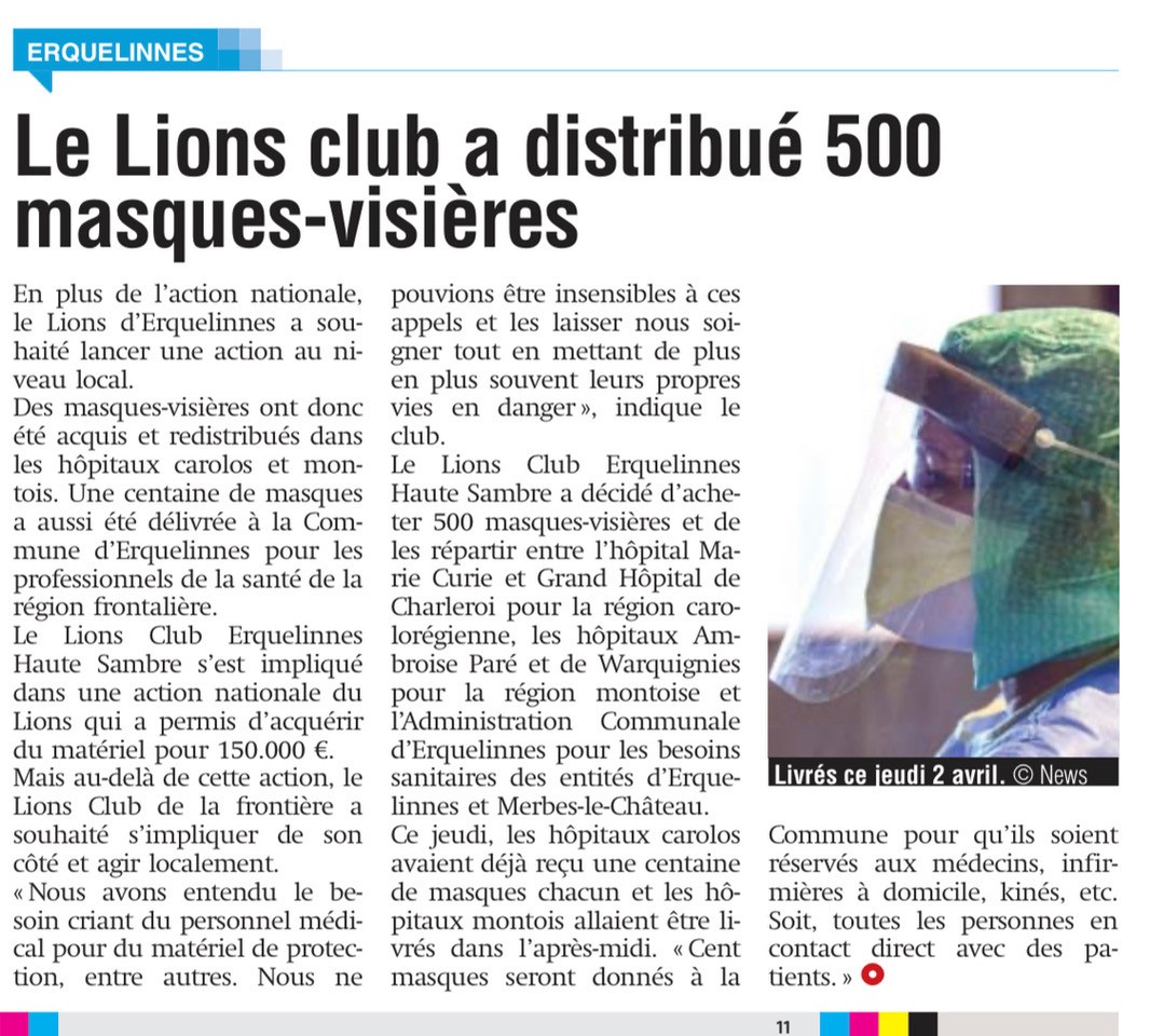 Lions Belgium Lions Club Erquelinnes distribue des masques-visières