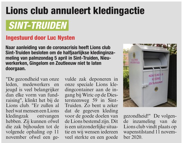 Lions Belgium Lions Club annuleert kledingactie