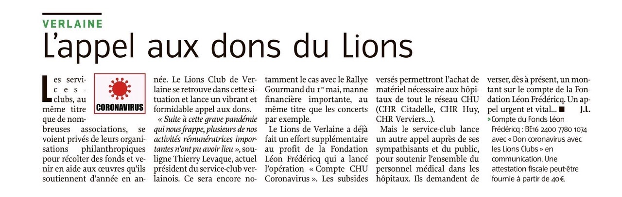 Lions Belgium Verlaine L’appel aux dons du Lions