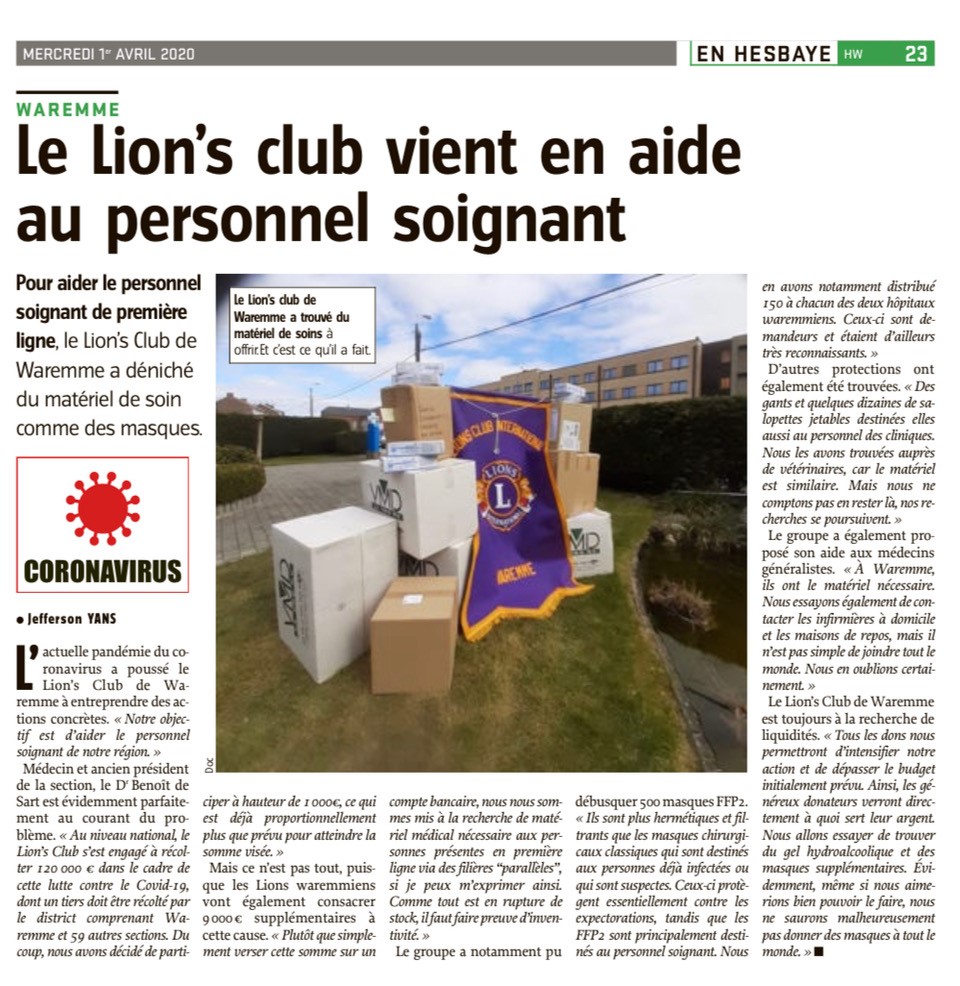 Lions Belgium Le Lions’s club Waremme aide le personnel soignant