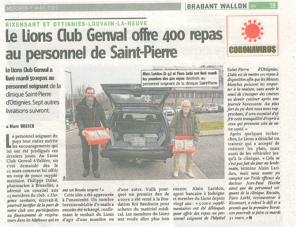 Lions Belgium LC Genval schenkt 400 maaltijden aan kliniek St.Pierre