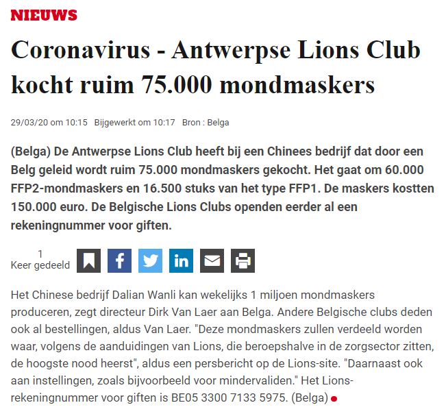 Lions Belgium Coronavirus: Lions-Clubs België heeft meer dan 75.000 Mondmaskers gekocht