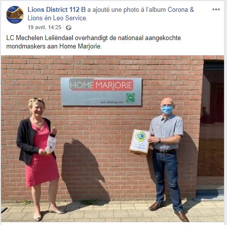 Lions Belgium Lions Mechelen Leliëndael overhandigt de nationaal aangekochte mondmaskers aan Home Marjorie