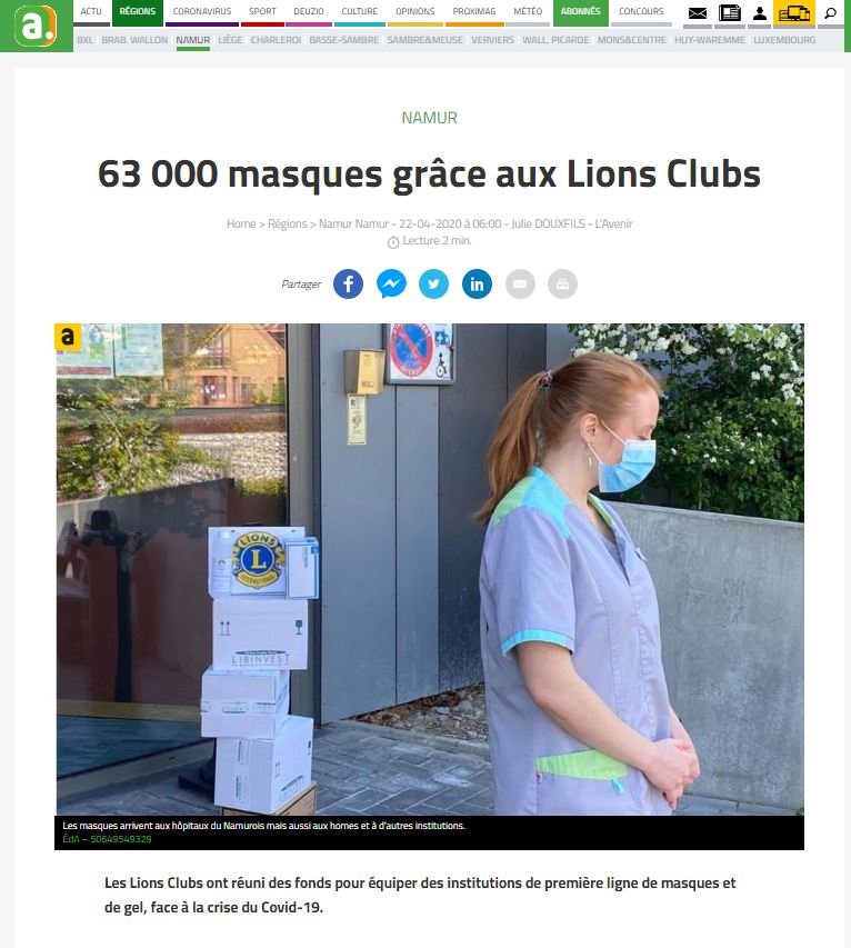 Lions Belgium 63 000 masques grâce aux Lions Clubs