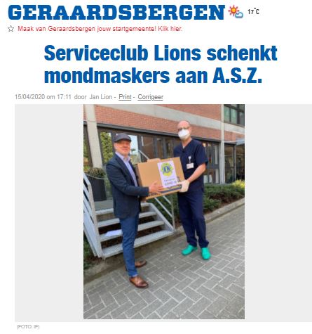 Lions Belgium Schenking mondmaskers aan ASZ Geraardsbergen campus Geraardsbergen
